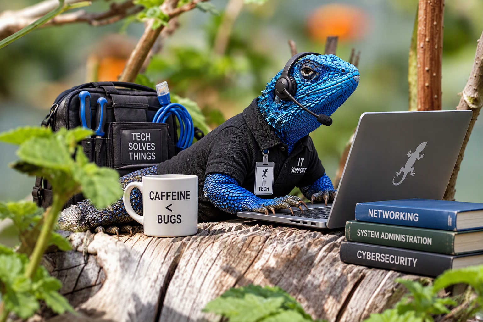 Gumu, the blue-headed agama mascot, working on technology